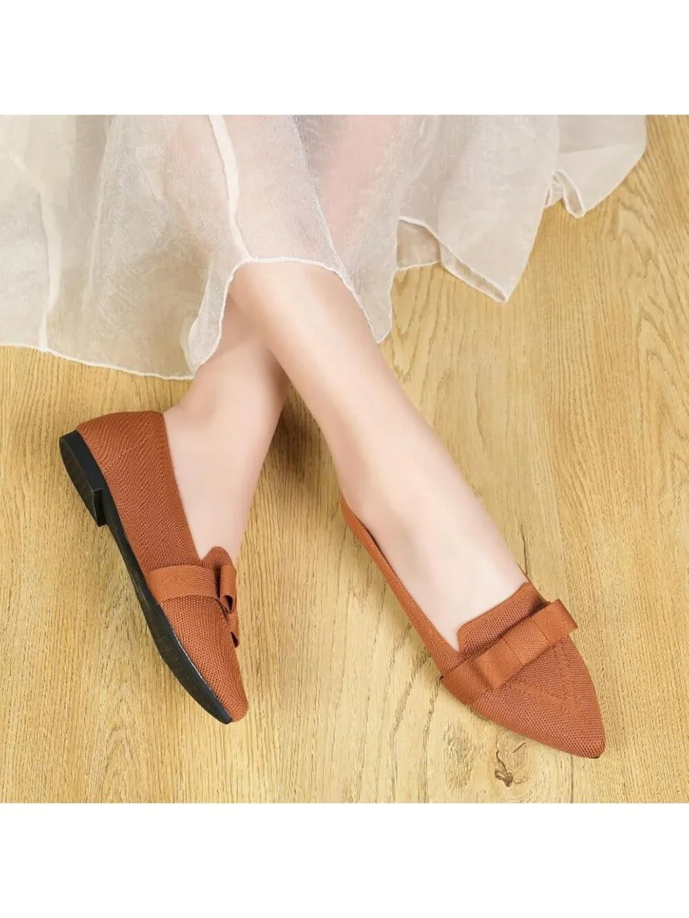 Women's Brown Rubber Soft Knit Breathable Pointed Toe Ballet Flats Casual Shoes